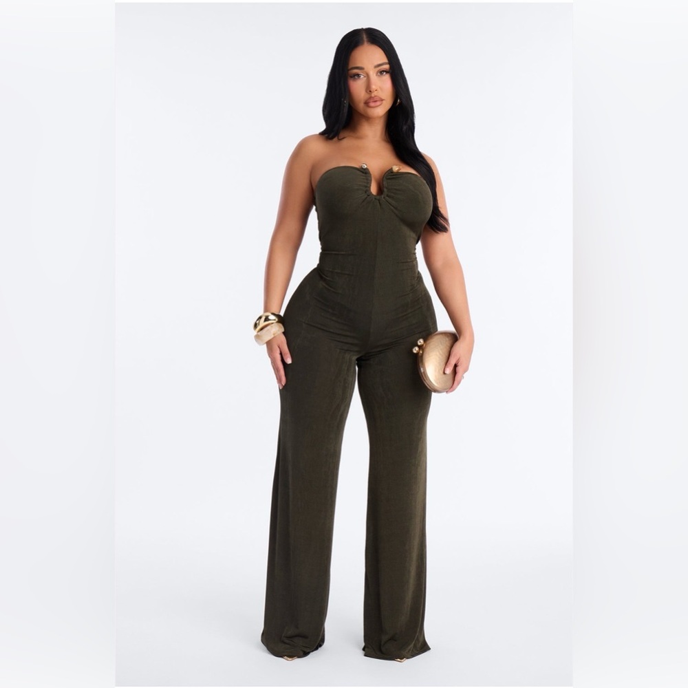 Fashion Nova Olive Green Strapless Wide-Leg Jumpsuit